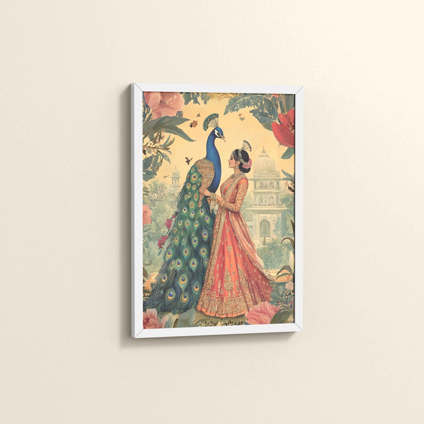 Side View of Royal Queen with Beautiful Peacock – Timeless Mughal-Inspired Artwork in White Color Frame