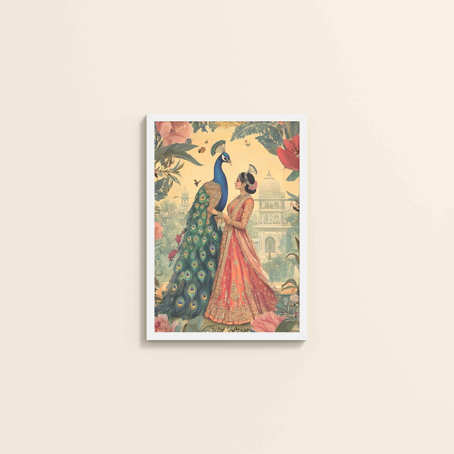 Wall View of Royal Queen with Beautiful Peacock – Timeless Mughal-Inspired Artwork in White Color Frame