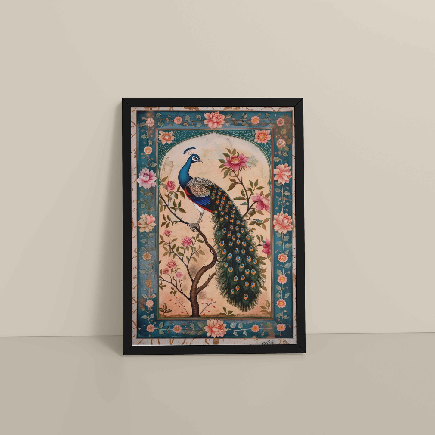 Floor View of Beautiful Peacock on Tree – Floral Wall Painting & Decor in Black Color Frame