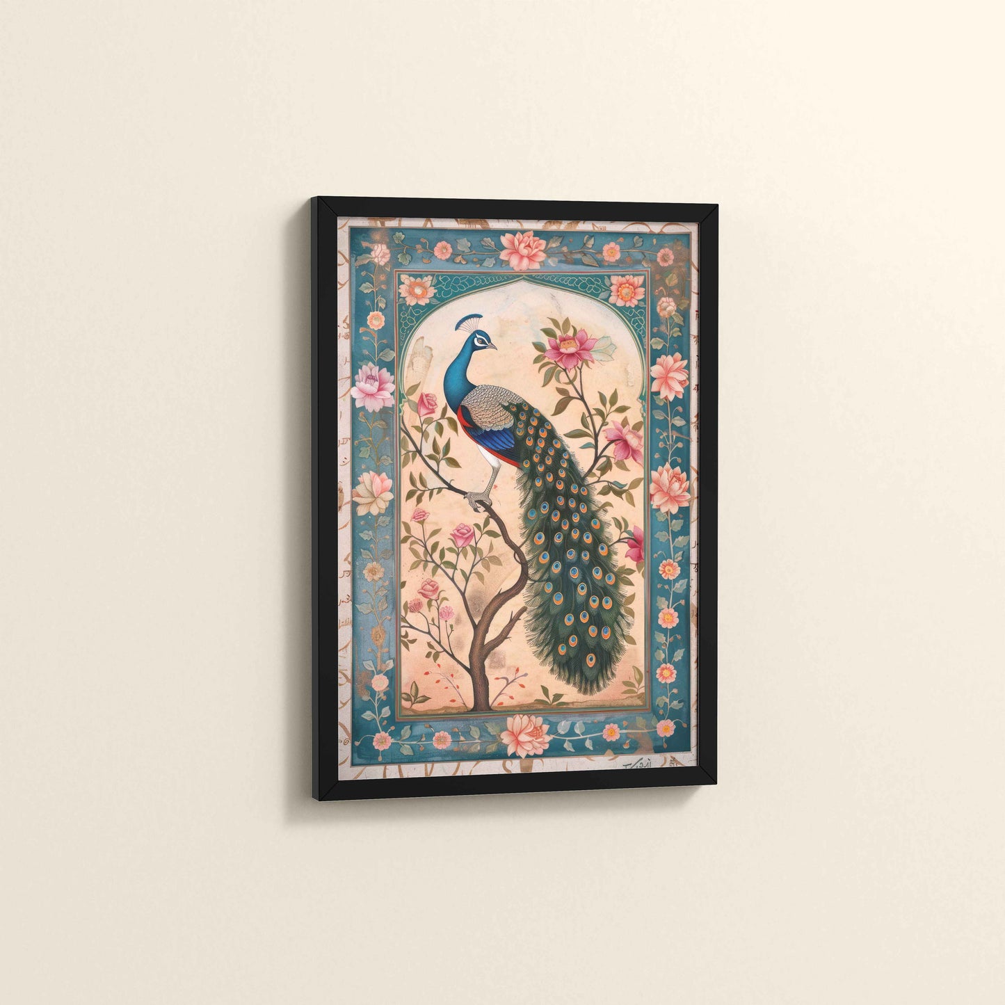 Side View of Beautiful Peacock on Tree – Floral Wall Painting & Decor in Black Color Frame
