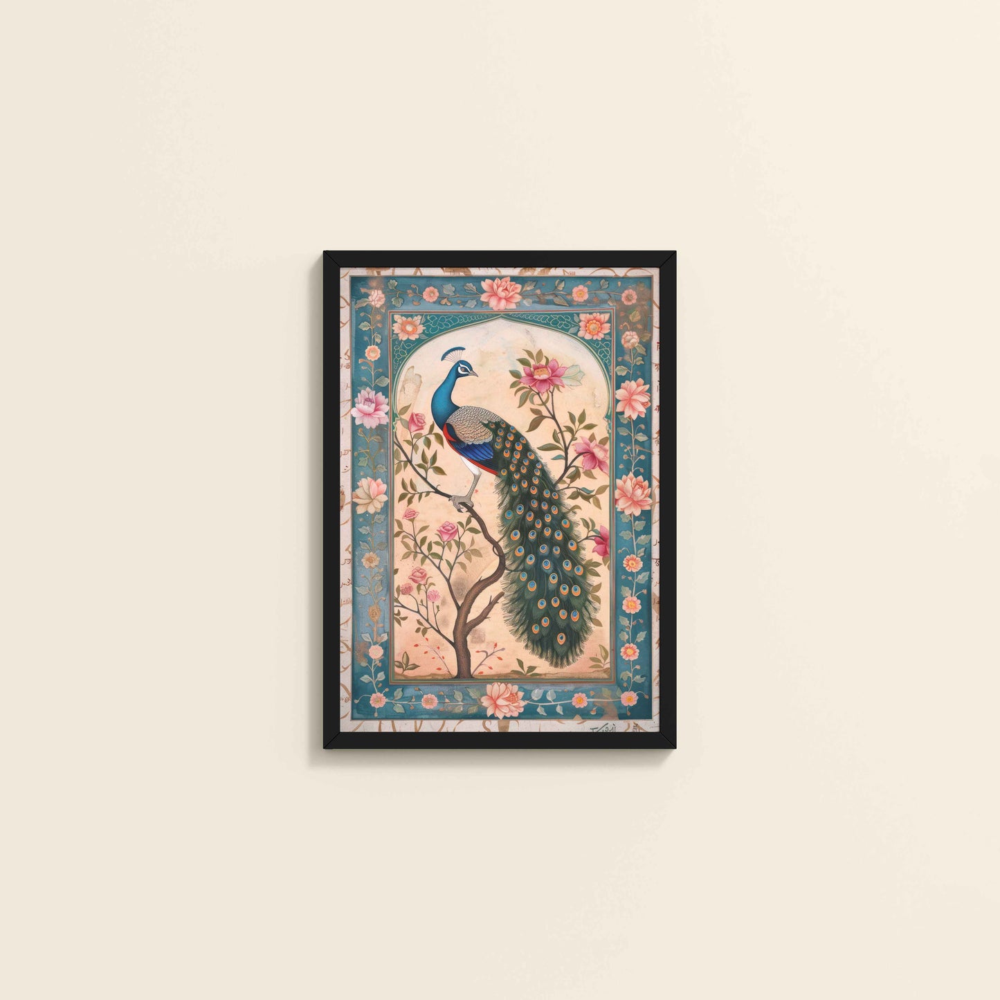 Wall View of Beautiful Peacock on Tree – Floral Wall Painting & Decor in Black Color Frame