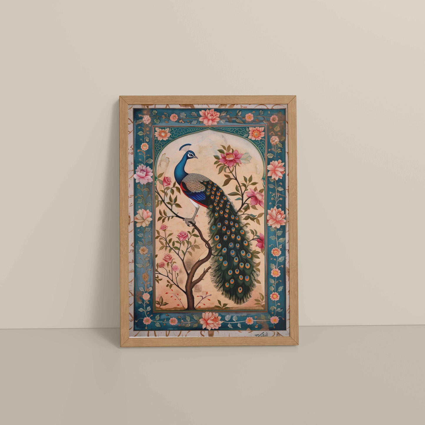 Floor View of Beautiful Peacock on Tree – Floral Wall Painting & Decor in Natrual Color Frame