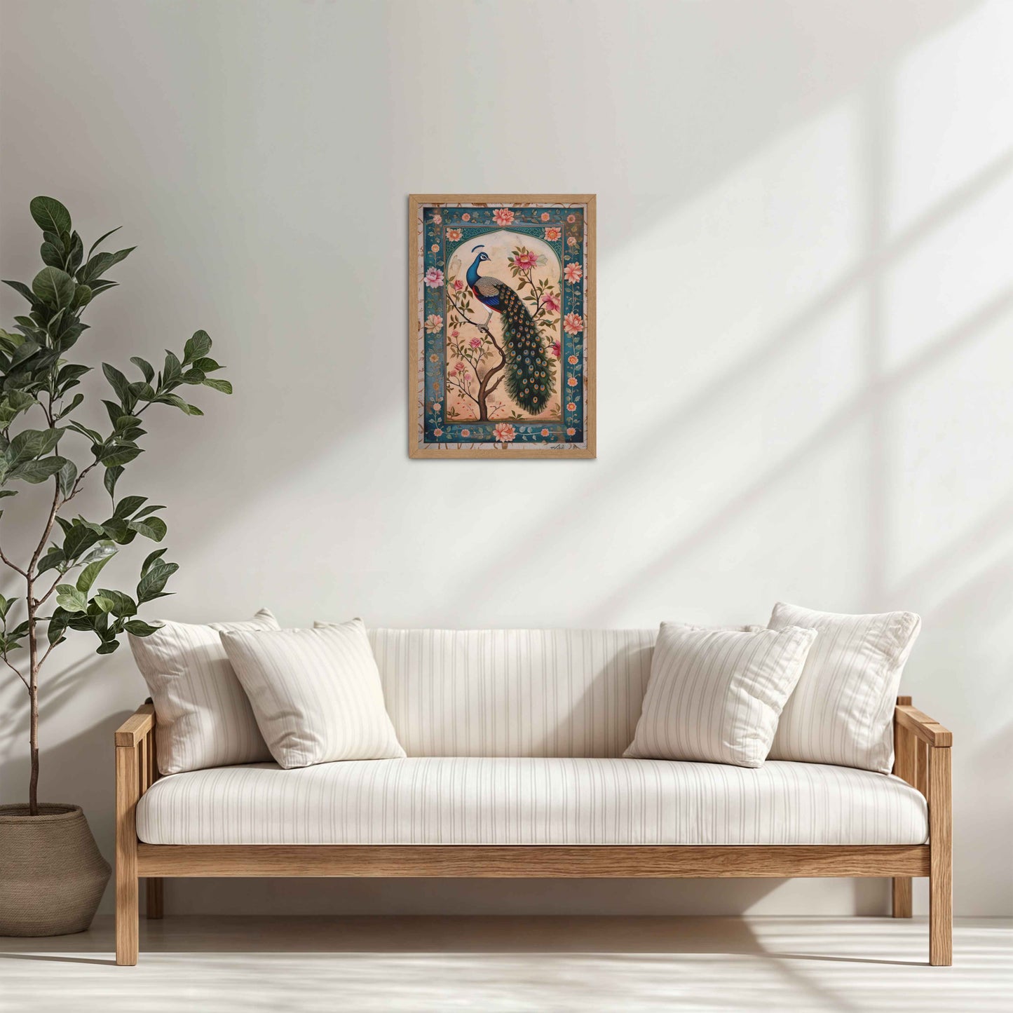 Living Room Cabinet Table Preview of Beautiful Peacock on Tree – Floral Wall Painting & Decor in Natrual Color Frame