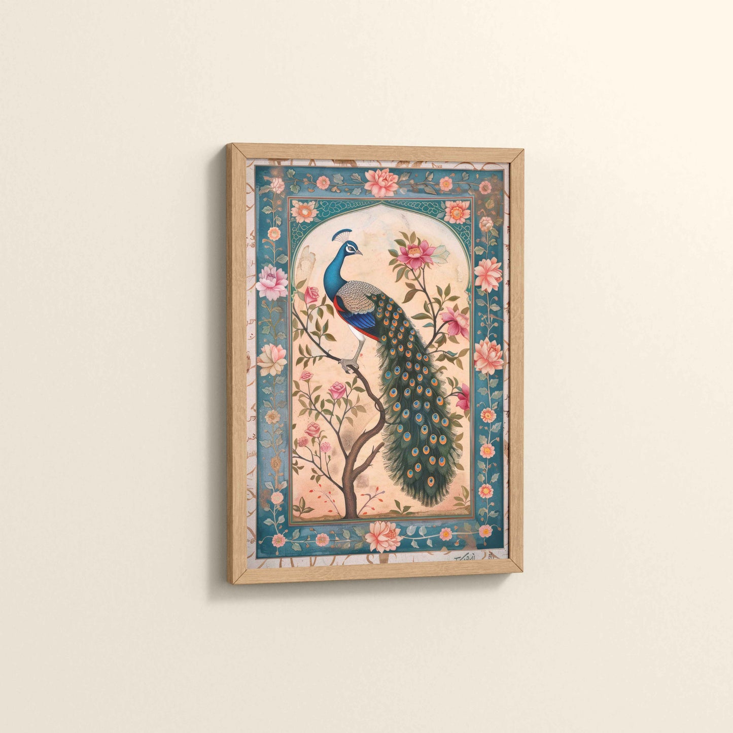 Side View of Beautiful Peacock on Tree – Floral Wall Painting & Decor in Natrual Color Frame