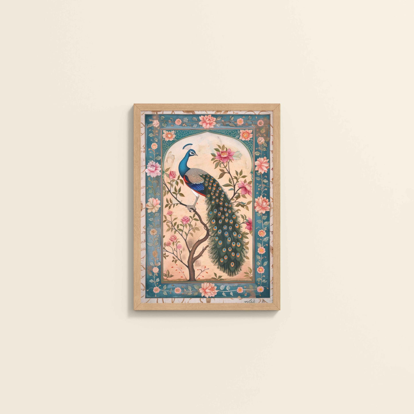 Wall View of Beautiful Peacock on Tree – Floral Wall Painting & Decor in Natrual Color Frame