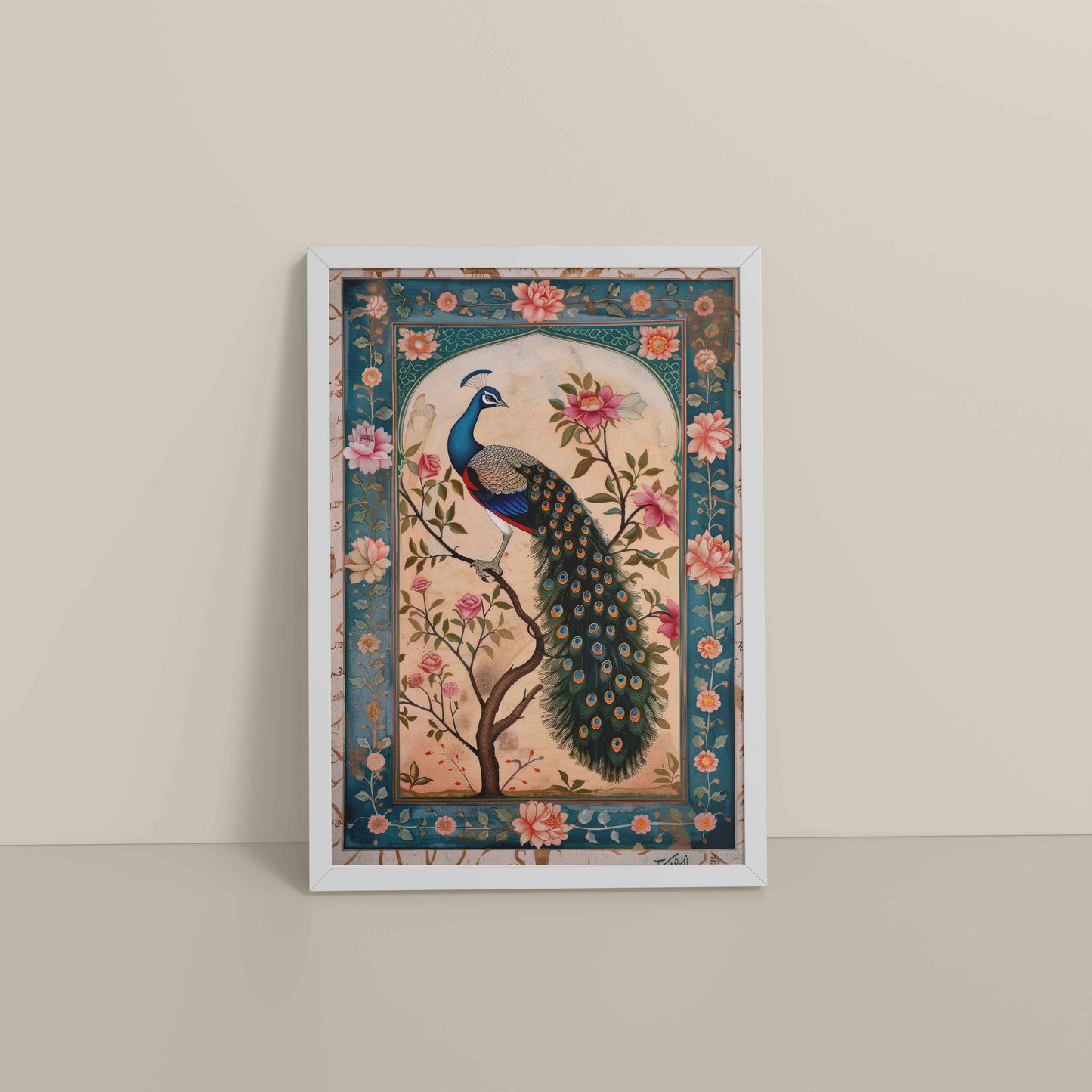 Floor View of Beautiful Peacock on Tree – Floral Wall Painting & Decor in White Color Frame