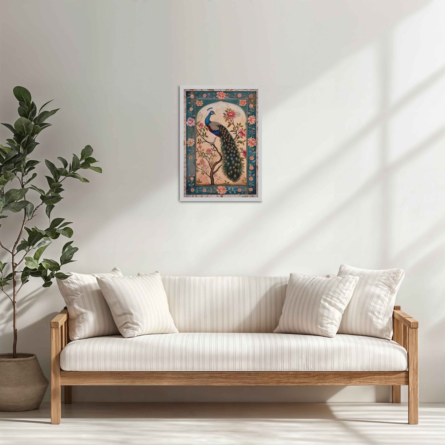 Living Room Cabinet Table Preview of Beautiful Peacock on Tree – Floral Wall Painting & Decor in White Color Frame
