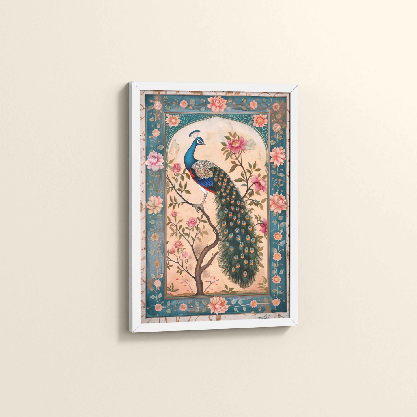 Side View of Beautiful Peacock on Tree – Floral Wall Painting & Decor in White Color Frame