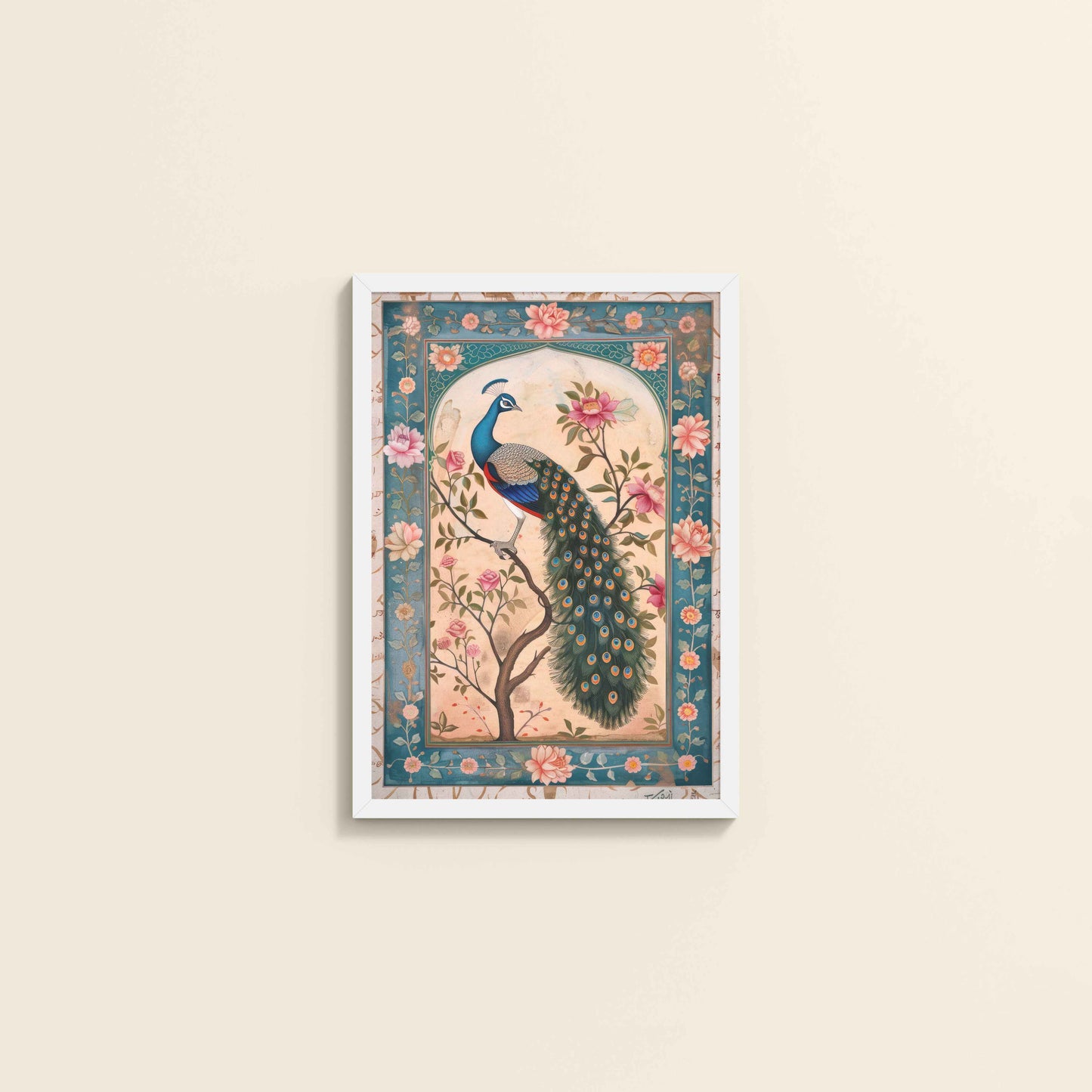 Wall View of Beautiful Peacock on Tree – Floral Wall Painting & Decor in White Color Frame