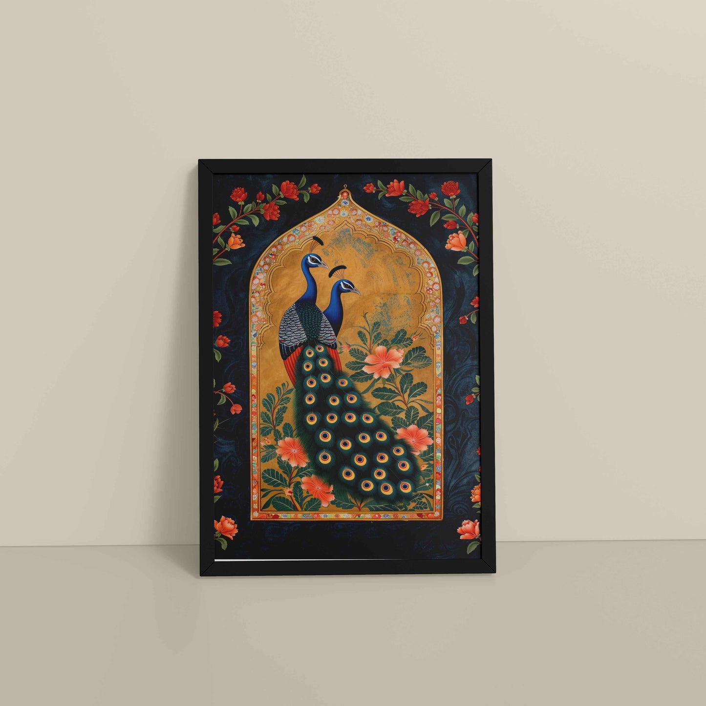Floor View of Mughal-Persian Elegance – Peacocks & Plant Motif Wall Frame in Black Color Frame