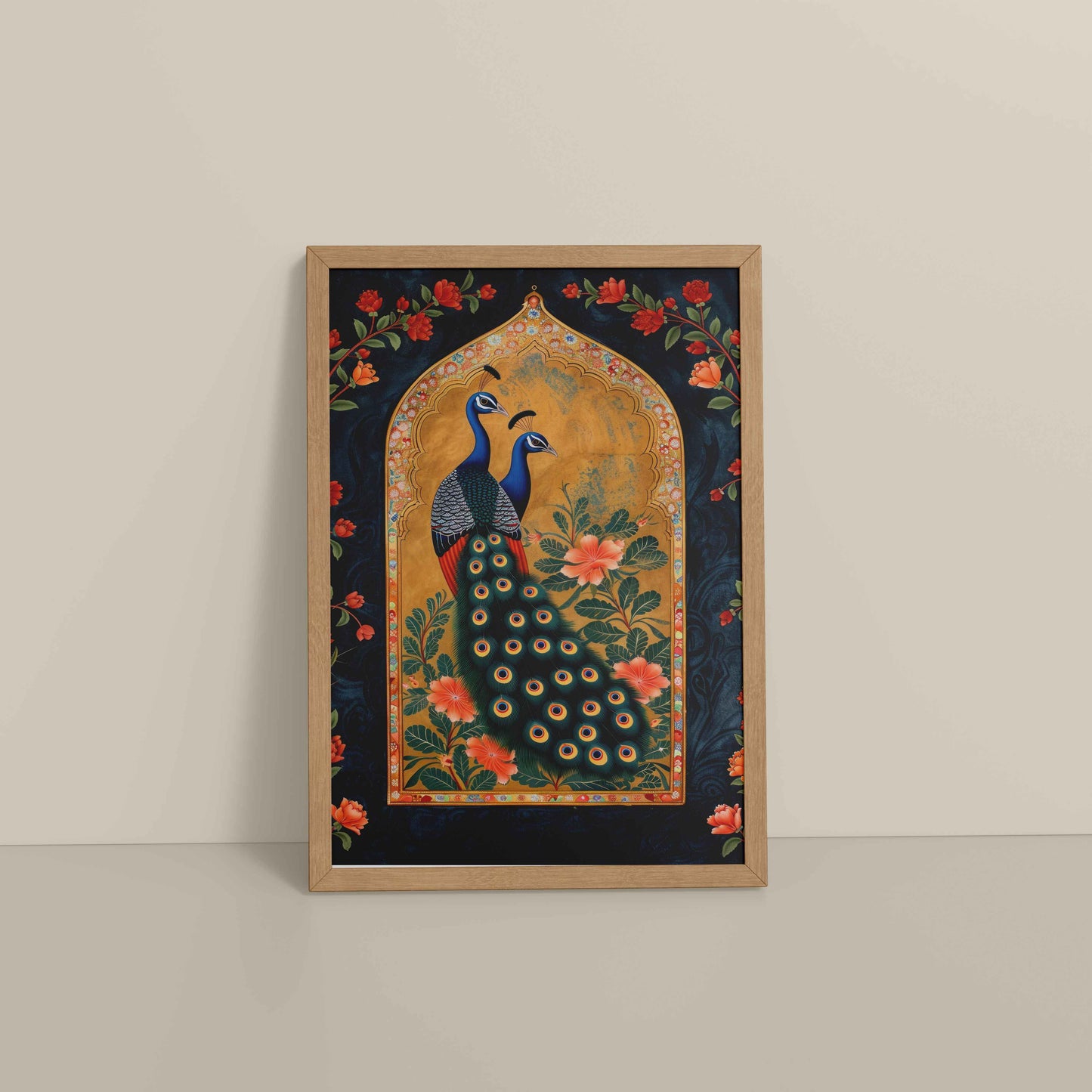 Floor View of Mughal-Persian Elegance – Peacocks & Plant Motif Wall Frame in Natrual Color Frame