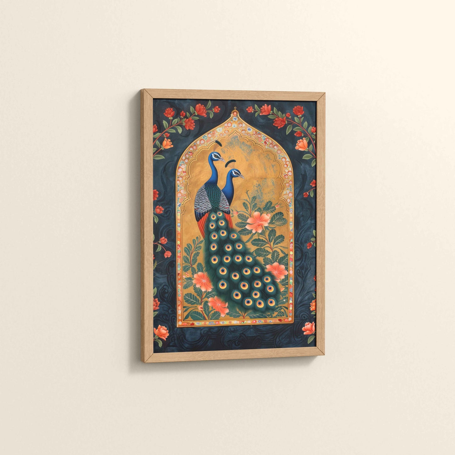 Side View of Mughal-Persian Elegance – Peacocks & Plant Motif Wall Frame in Natrual Color Frame