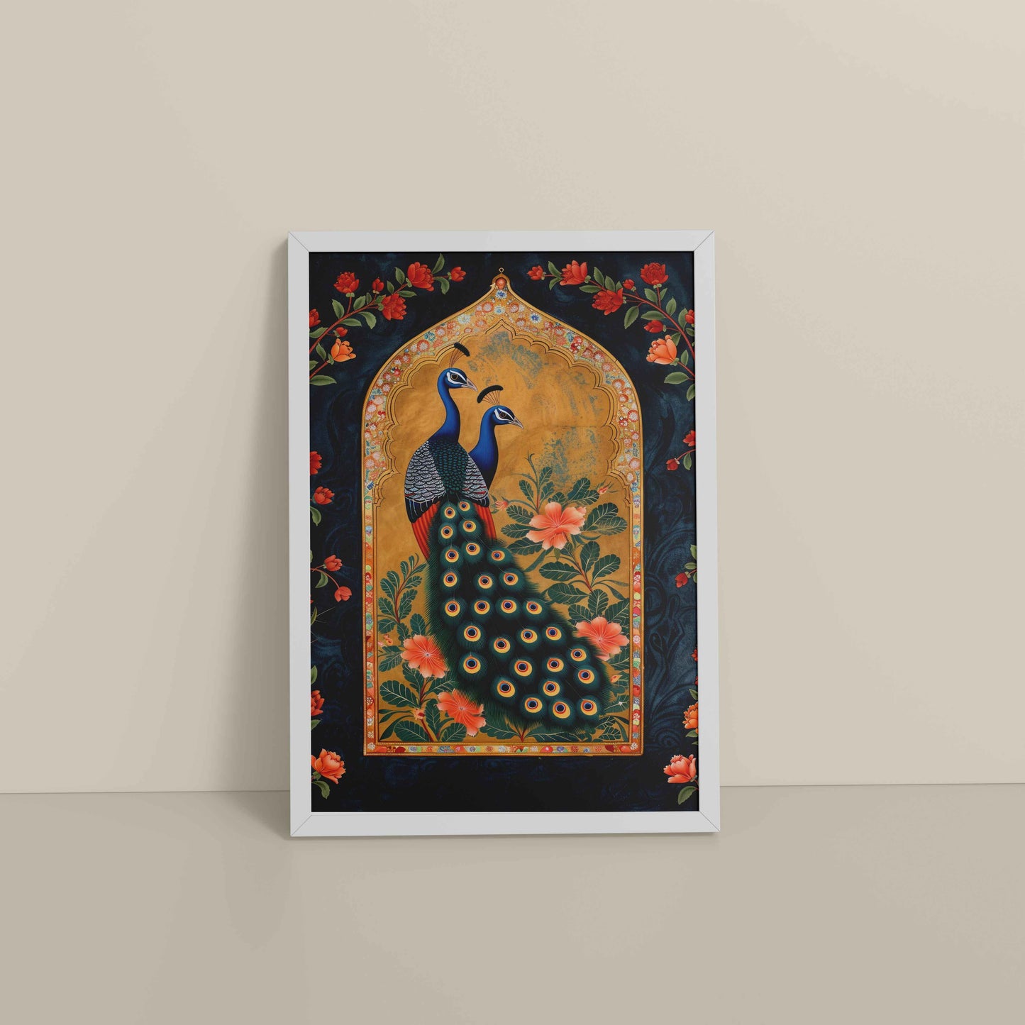 Floor View of Mughal-Persian Elegance – Peacocks & Plant Motif Wall Frame in White Color Frame
