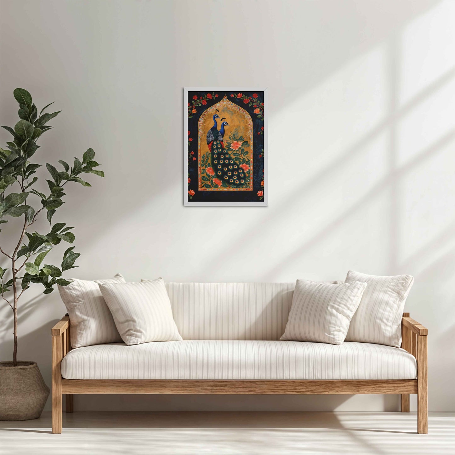 Living Room Cabinet Table Preview of Mughal-Persian Elegance – Peacocks & Plant Motif Wall Frame in White Color Frame