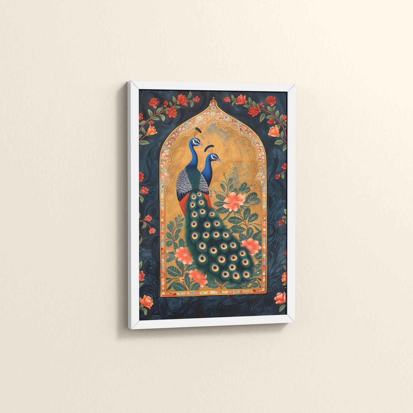 Side View of Mughal-Persian Elegance – Peacocks & Plant Motif Wall Frame in White Color Frame