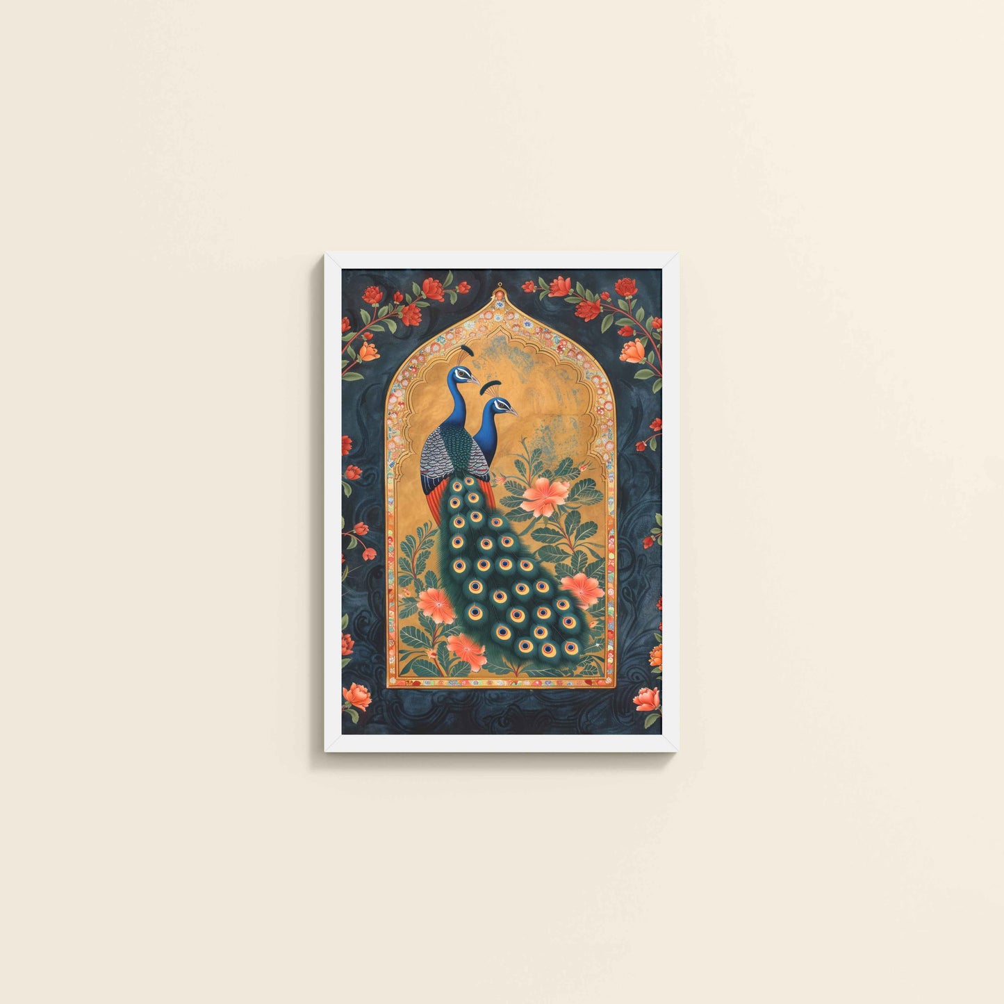 Wall View of Mughal-Persian Elegance – Peacocks & Plant Motif Wall Frame in White Color Frame