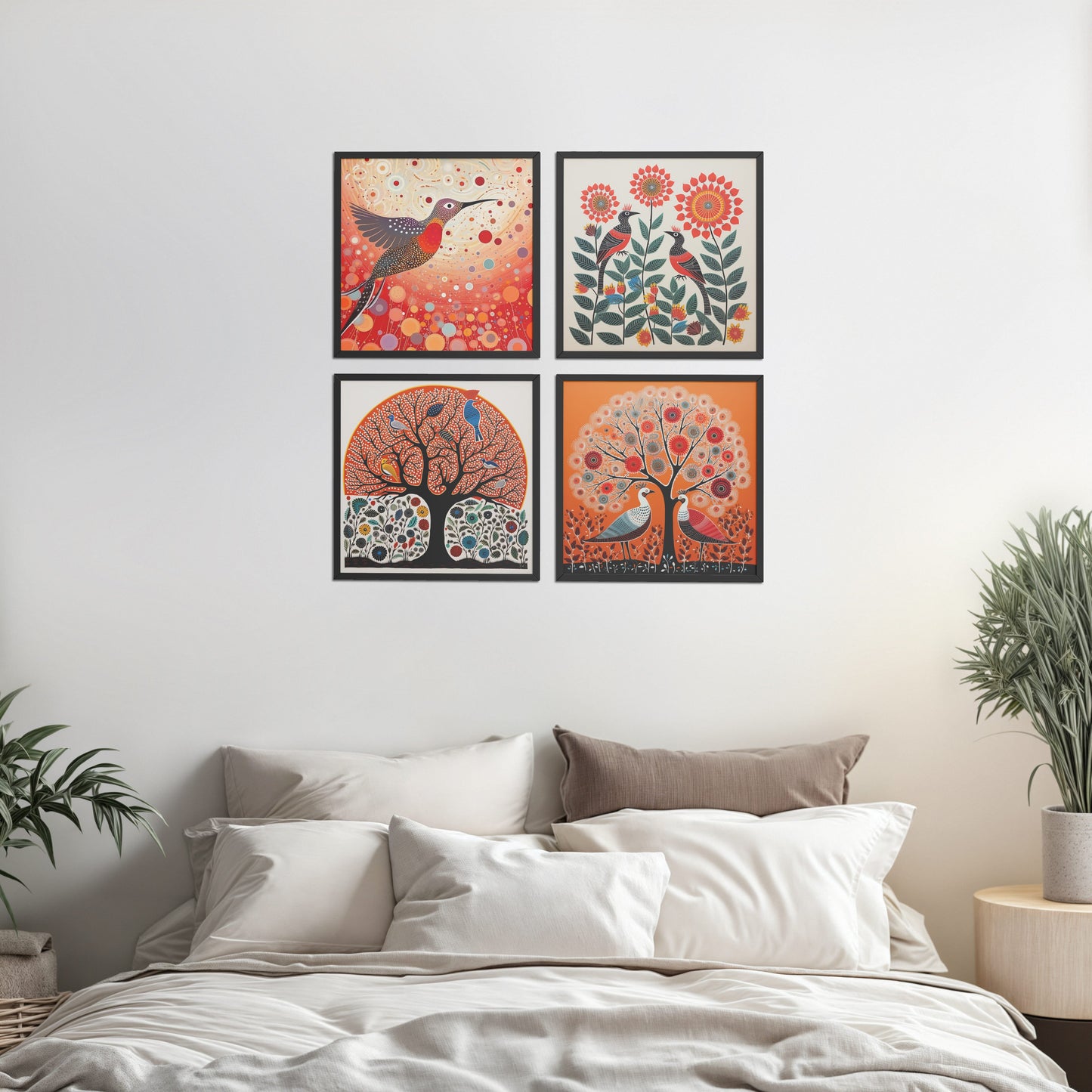 Bed Room Preview of Madhubani Birds & Trees Wall Art Decor Set of 4 in Black Color Frame