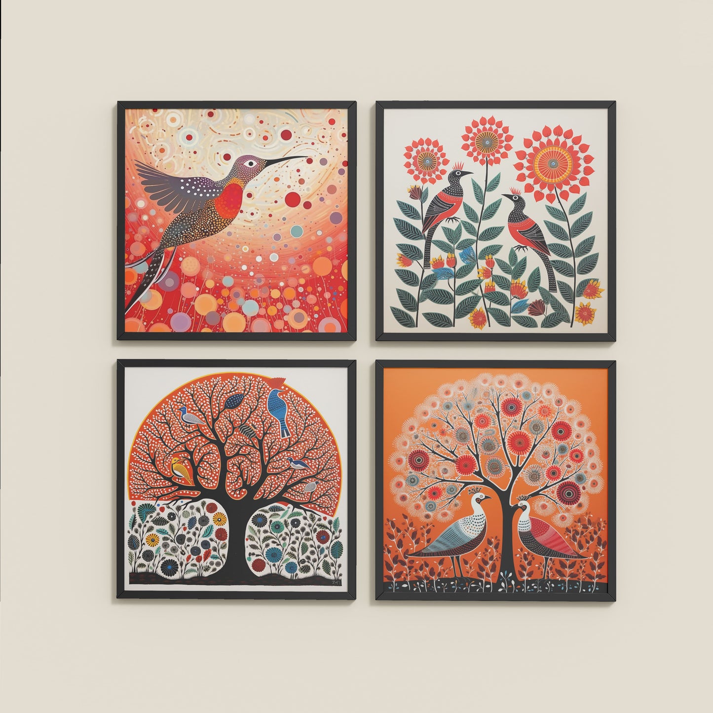 Wall View of Madhubani Birds & Trees Wall Art Decor Set of 4 in Black Color Frame