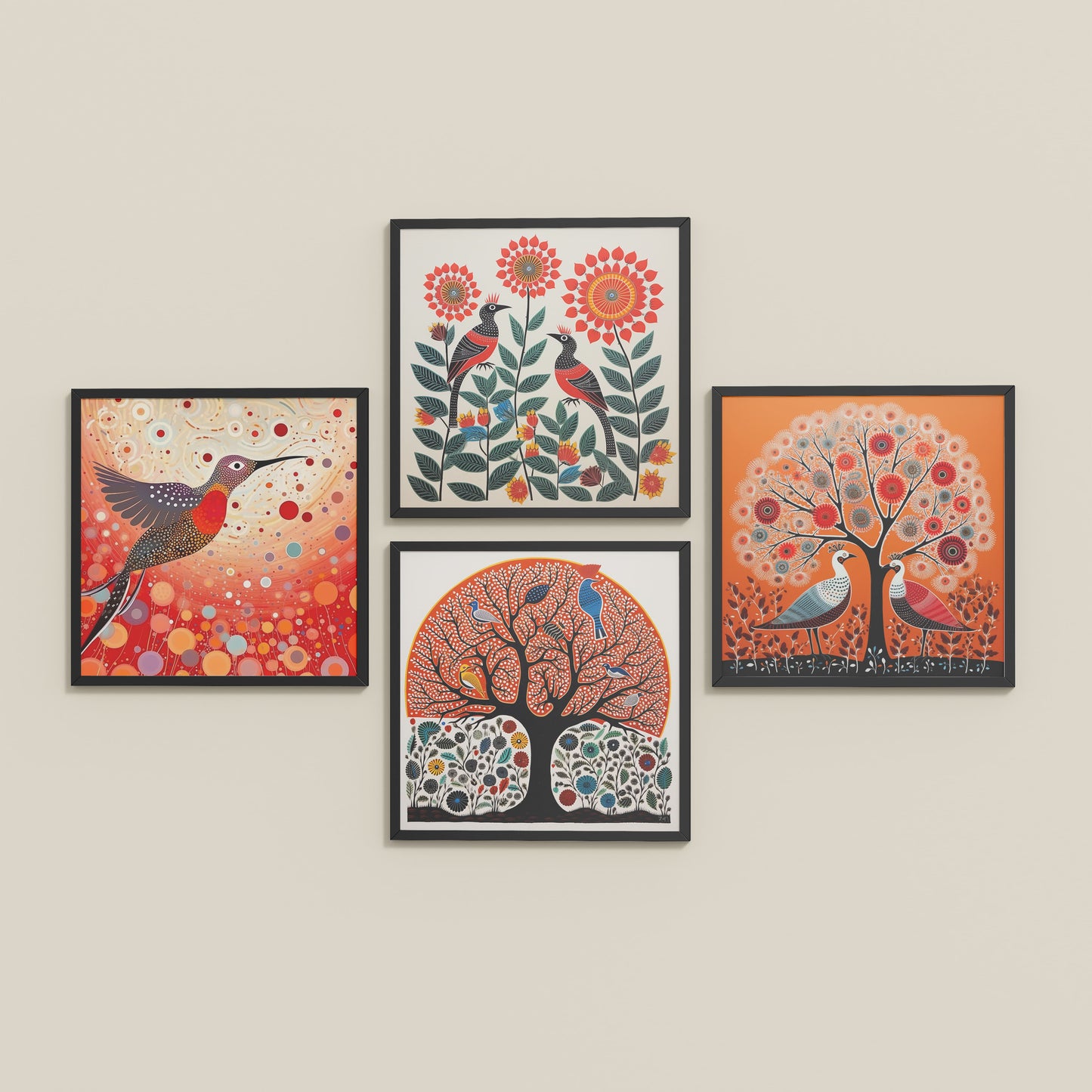 Inclined Floor View of Madhubani Birds & Trees Wall Art Decor Set of 4 in Black Color Frame