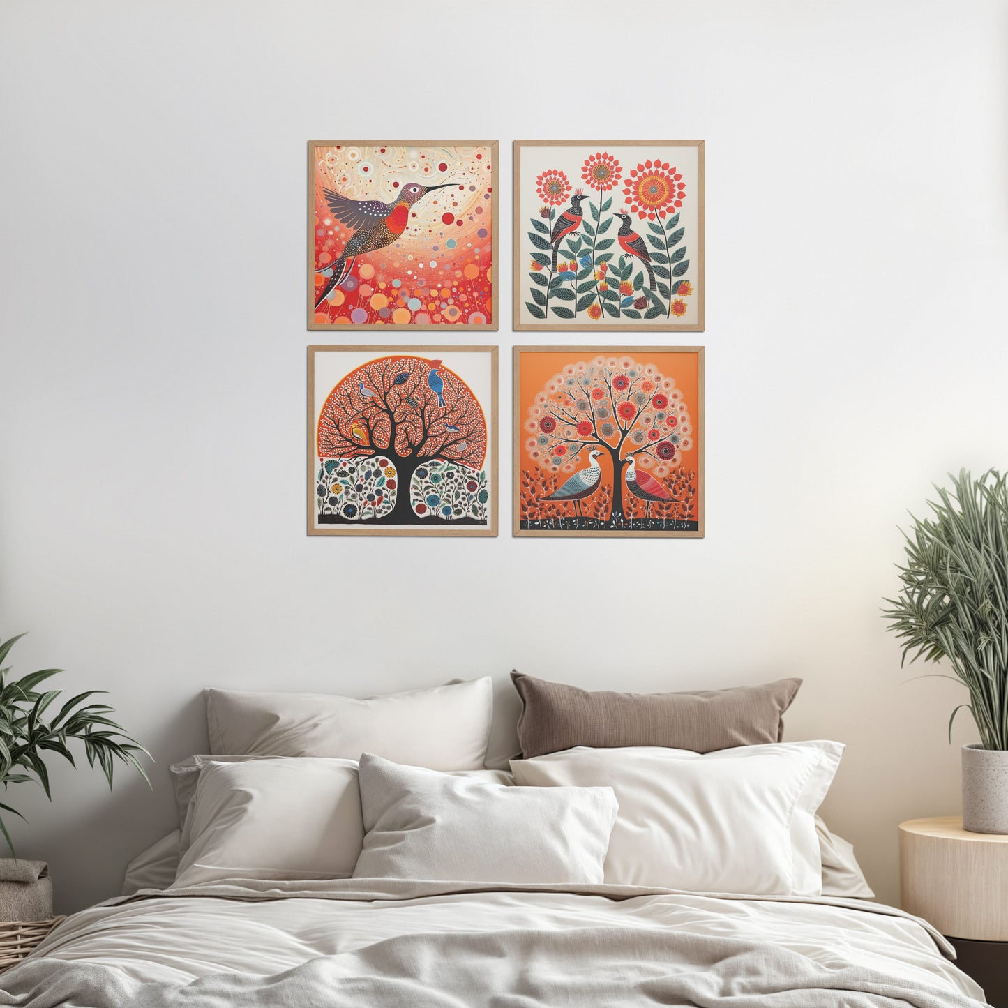 Bed Room Preview of Madhubani Birds & Trees Wall Art Decor Set of 4 in Natrual Color Frame