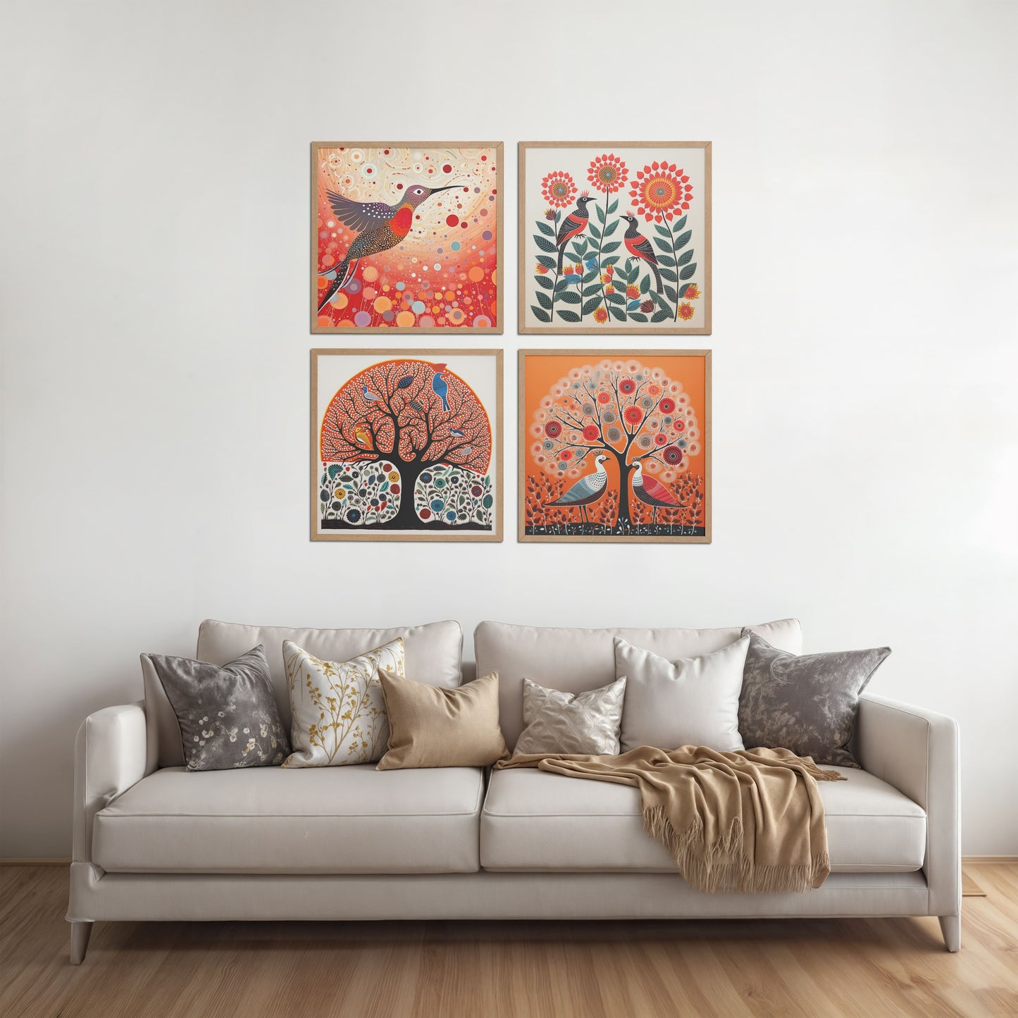 Living Room Sofa Preview of Madhubani Birds & Trees Wall Art Decor Set of 4 in Natrual Color Frame