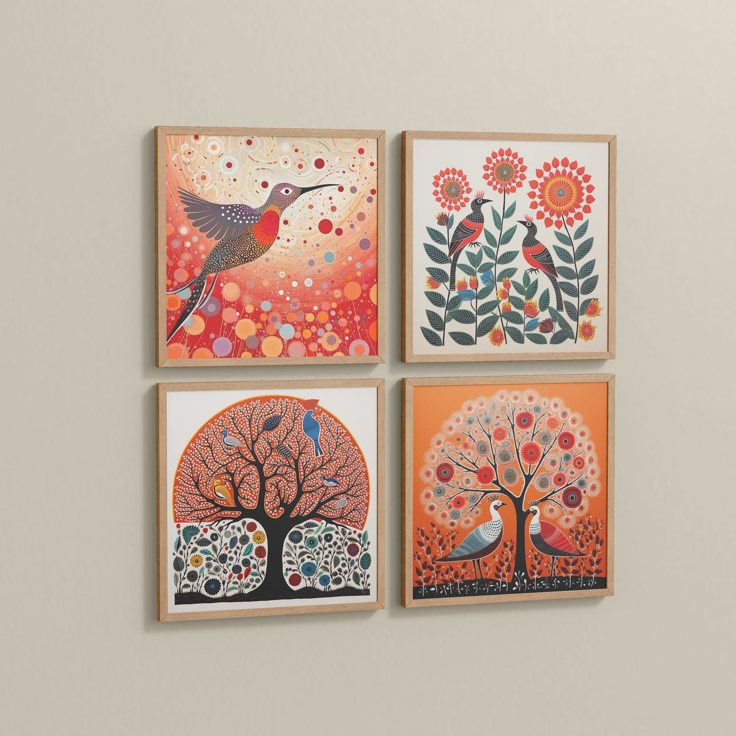 Side View of Madhubani Birds & Trees Wall Art Decor Set of 4 in Natrual Color Frame