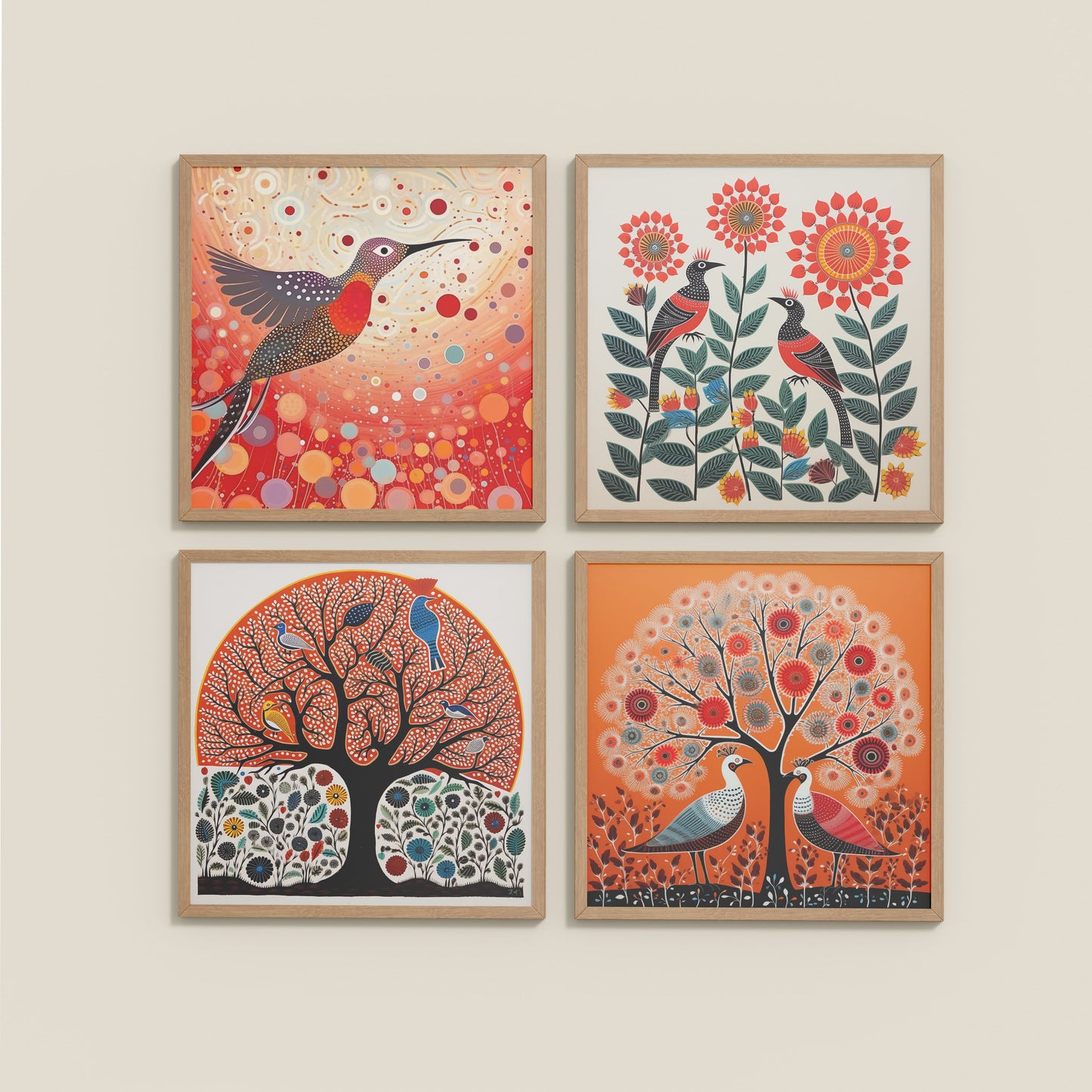 Wall View of Madhubani Birds & Trees Wall Art Decor Set of 4 in Natrual Color Frame