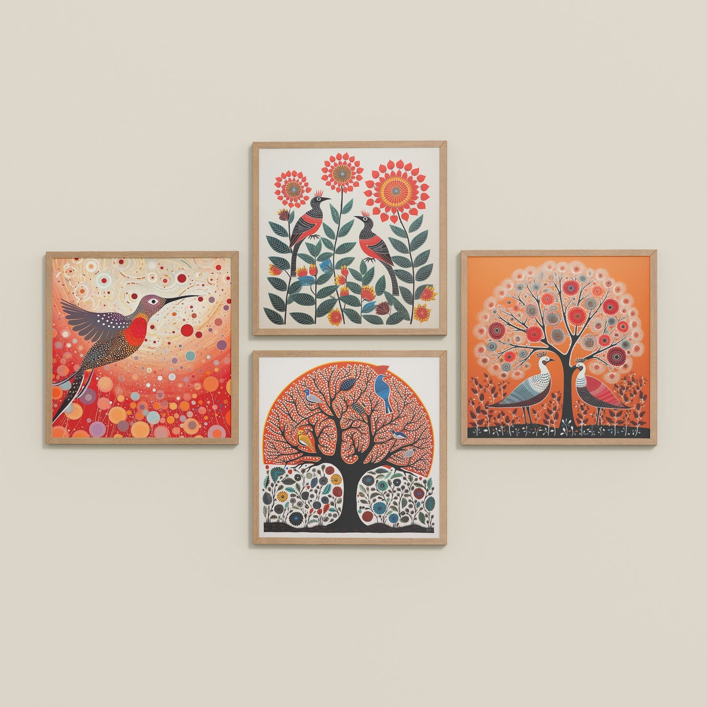 Inclined Floor View of Madhubani Birds & Trees Wall Art Decor Set of 4 in Natrual Color Frame