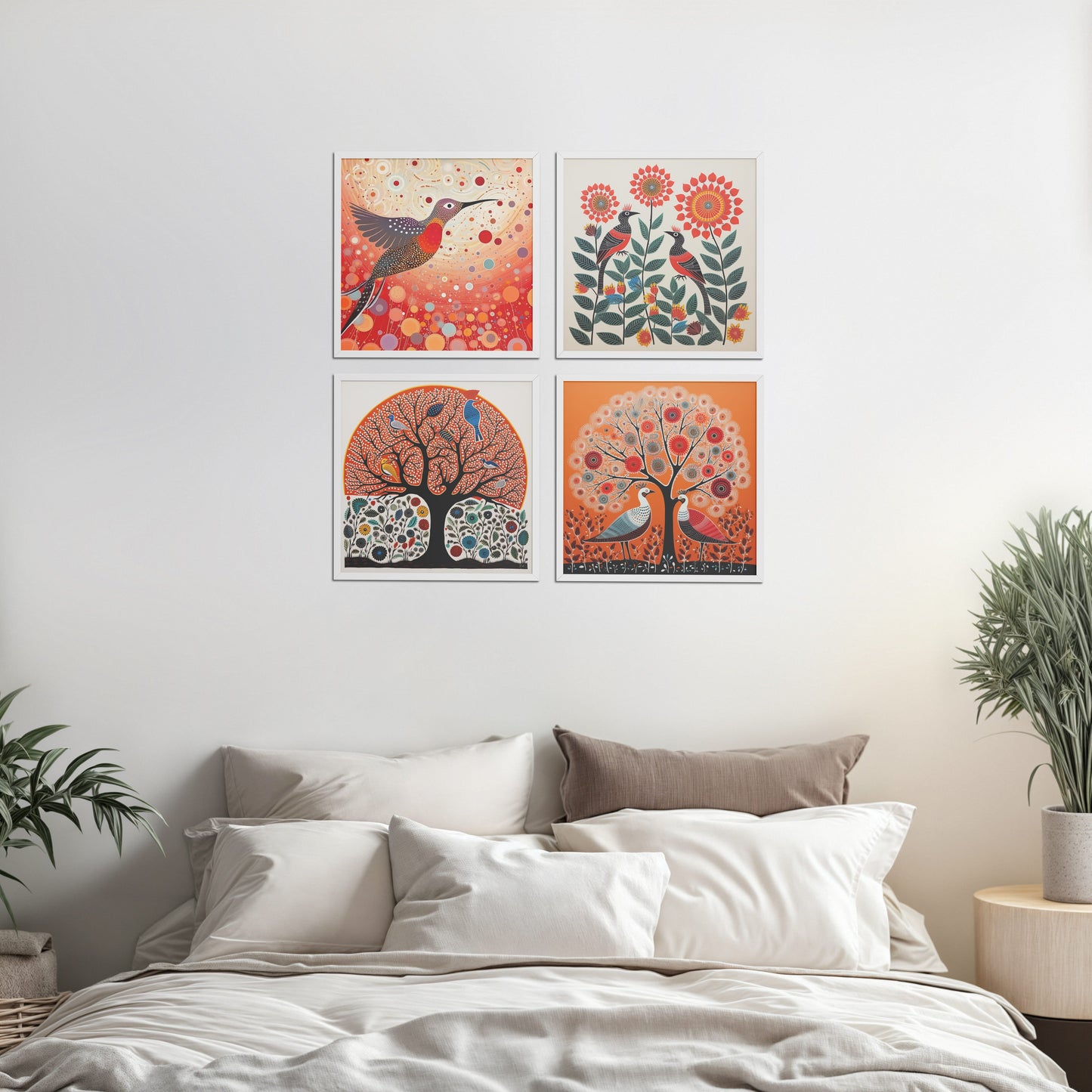 Bed Room Preview of Madhubani Birds & Trees Wall Art Decor Set of 4 in White Color Frame