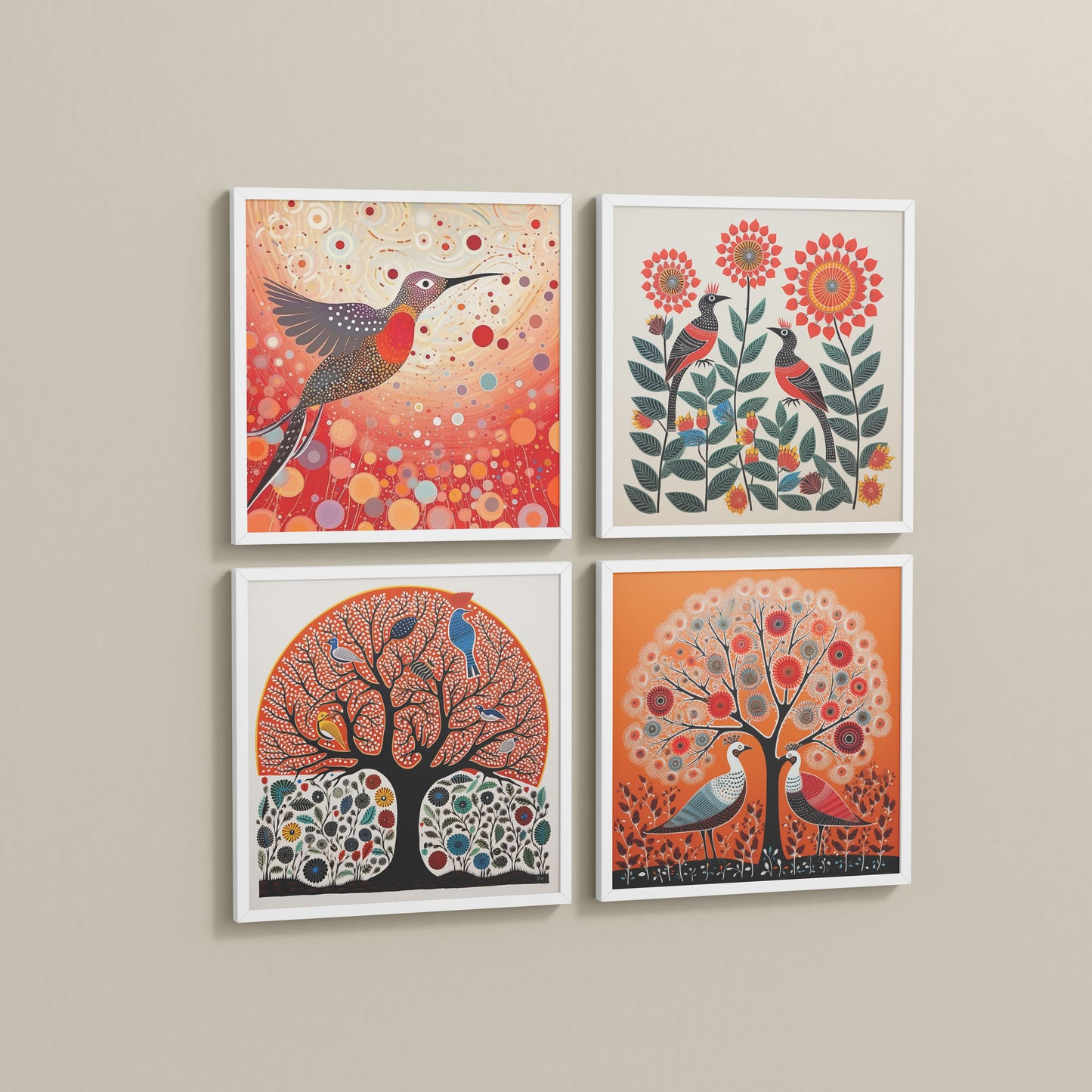 Side View of Madhubani Birds & Trees Wall Art Decor Set of 4 in White Color Frame