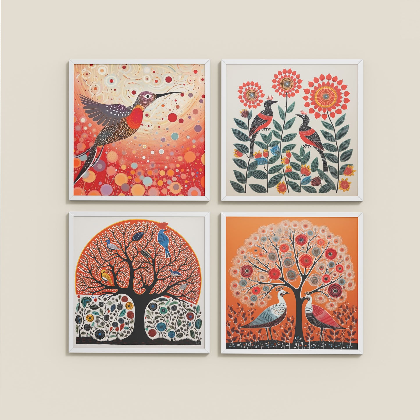 Wall View of Madhubani Birds & Trees Wall Art Decor Set of 4 in White Color Frame