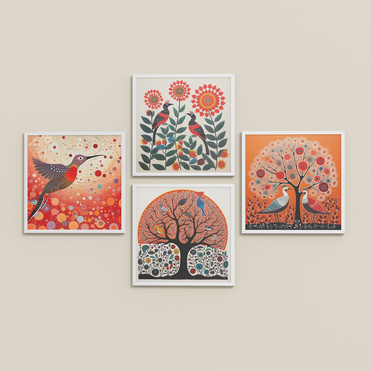 Inclined Floor View of Madhubani Birds & Trees Wall Art Decor Set of 4 in White Color Frame