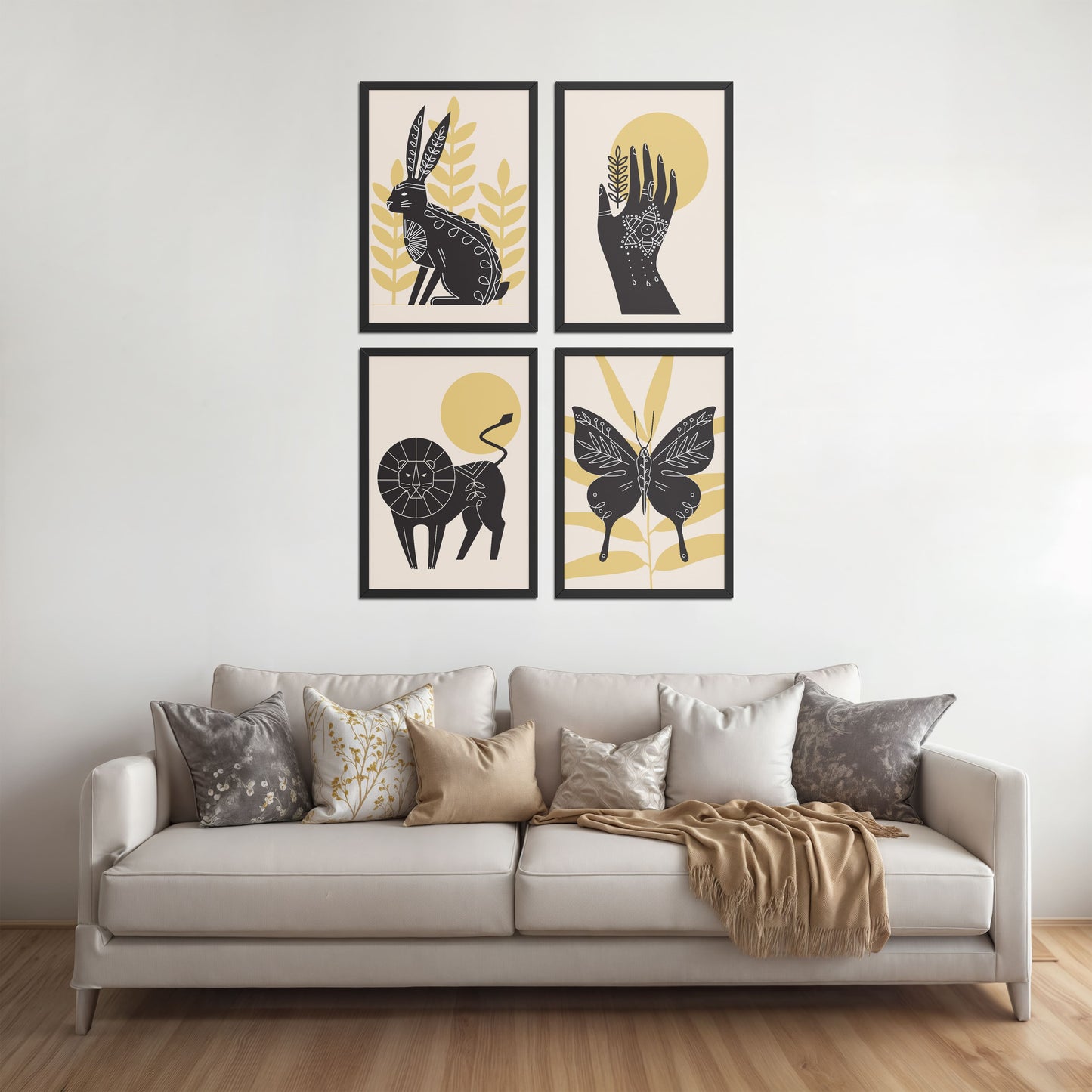 Living Room Sofa Preview of Wild Animal Modern Wall Art Set of 4 Frames in Black Color Frame