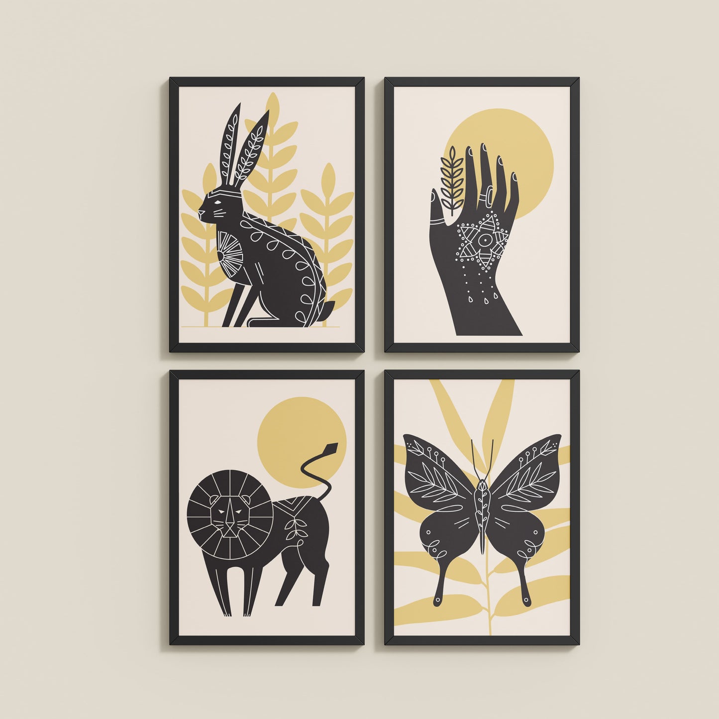 Wall View of Wild Animal Modern Wall Art Set of 4 Frames in Black Color Frame