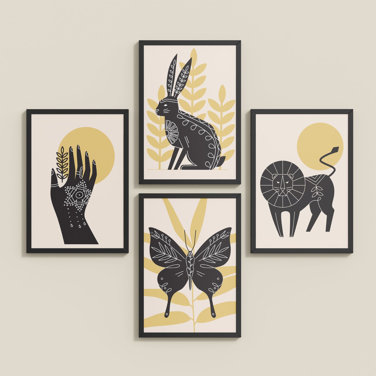 Inclined Floor View of Wild Animal Modern Wall Art Set of 4 Frames in Black Color Frame