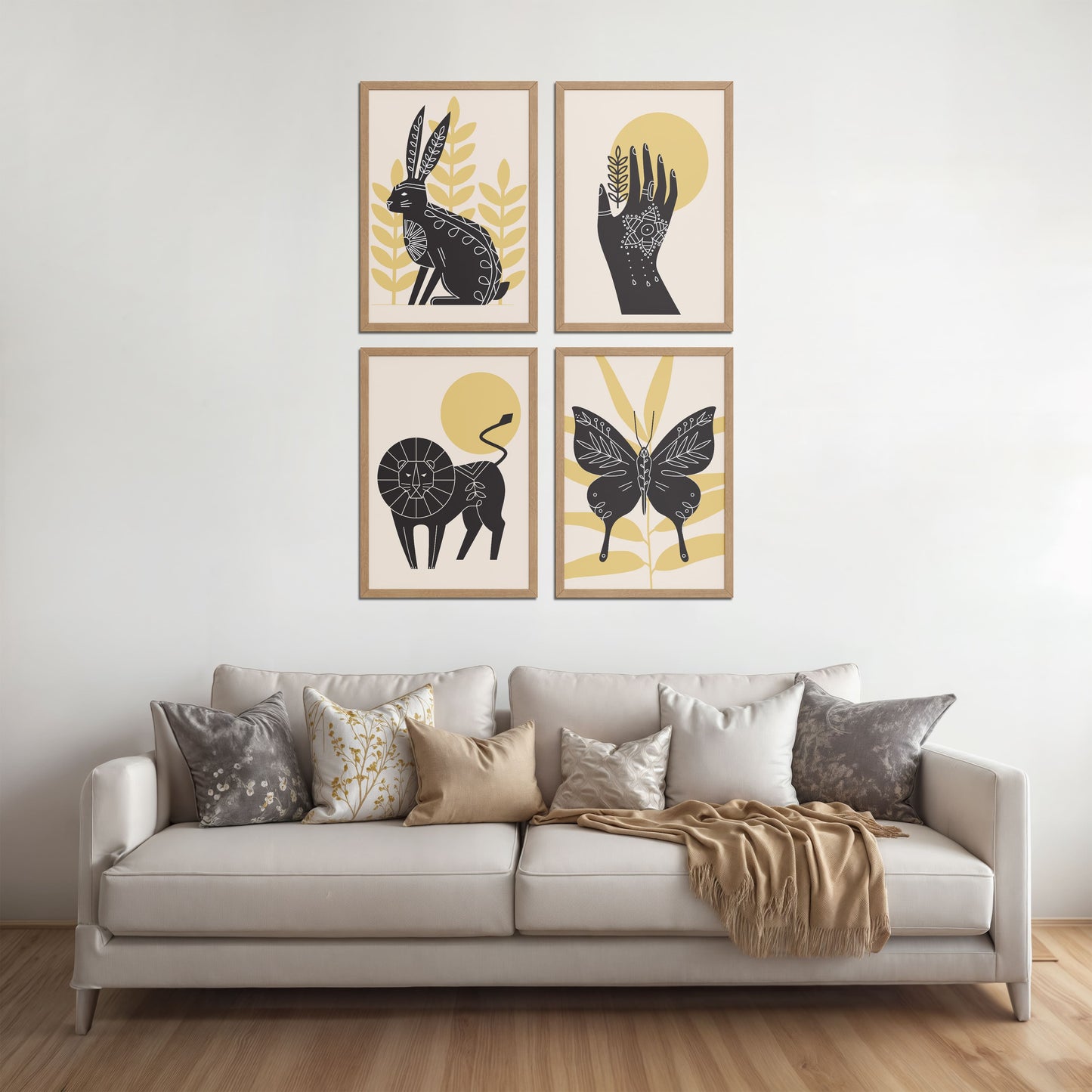 Living Room Sofa Preview of Wild Animal Modern Wall Art Set of 4 Frames in Natrual Color Frame