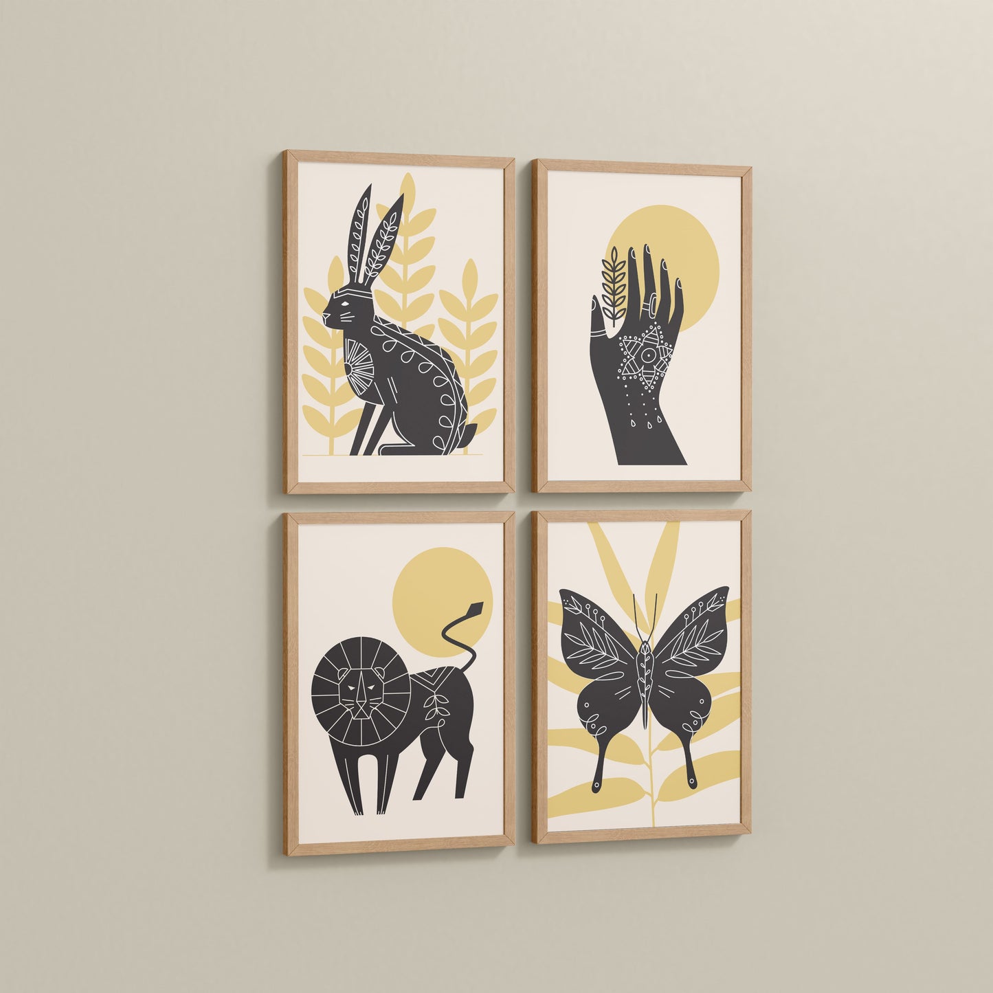 Side View of Wild Animal Modern Wall Art Set of 4 Frames in Natrual Color Frame