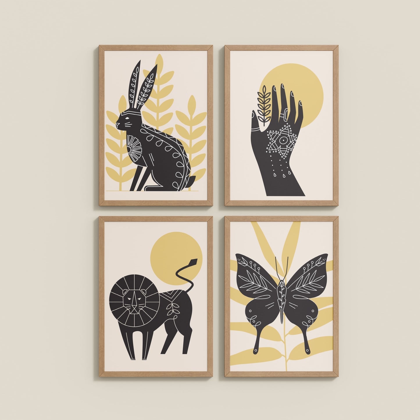 Wall View of Wild Animal Modern Wall Art Set of 4 Frames in Natrual Color Frame