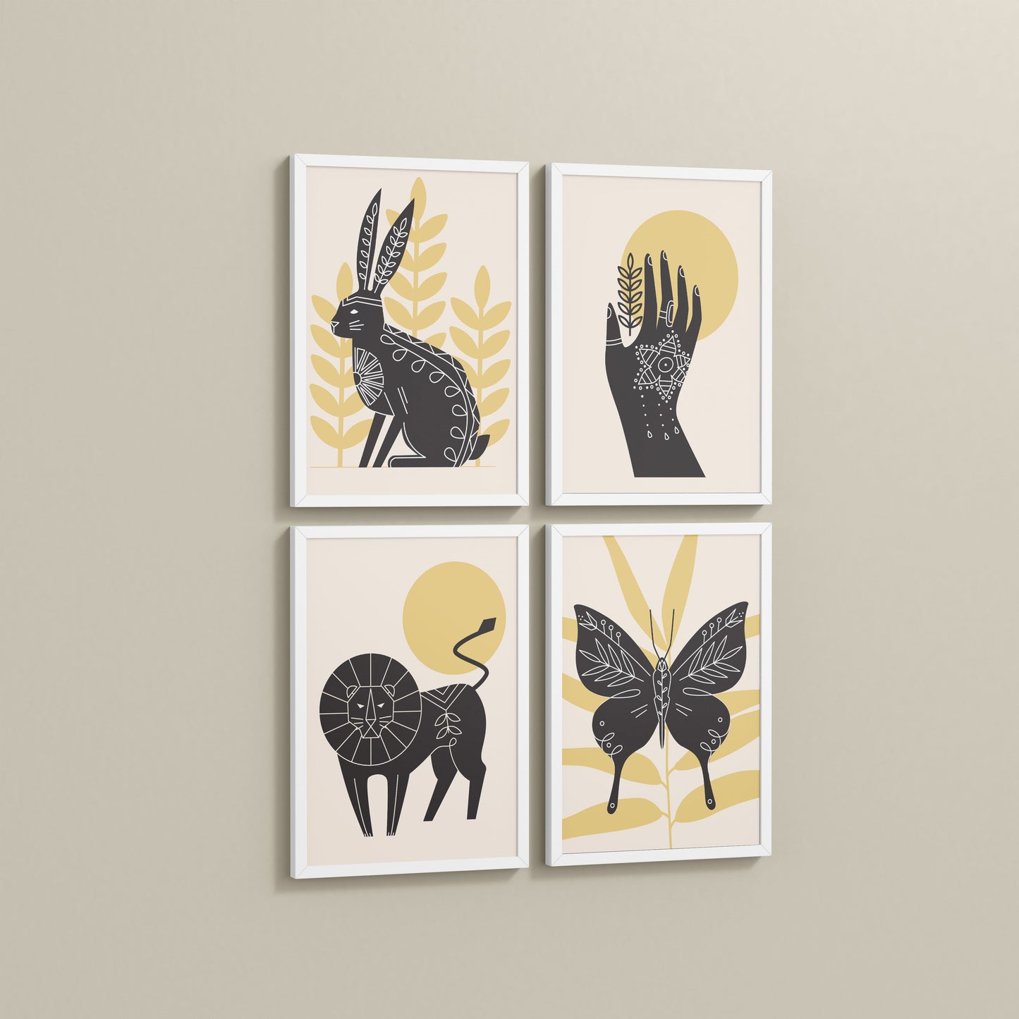 Side View of Wild Animal Modern Wall Art Set of 4 Frames in White Color Frame