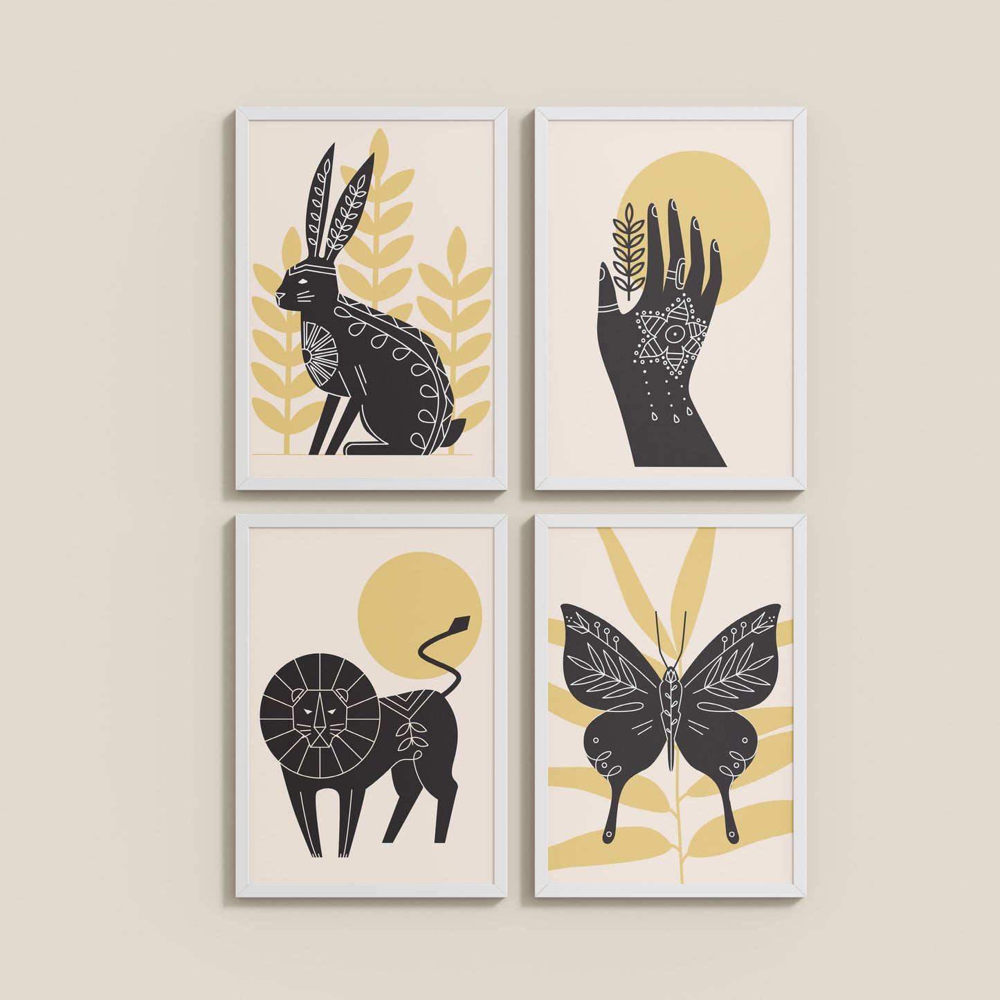 Wall View of Wild Animal Modern Wall Art Set of 4 Frames in White Color Frame
