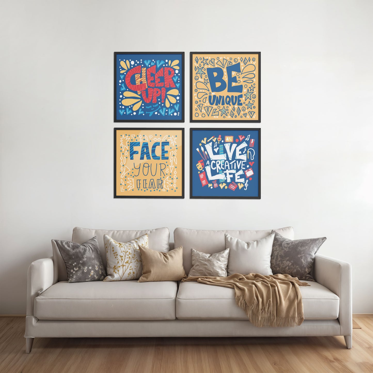 Living Room Sofa Preview of Live Bold – Motivational Wall Art Set of 4 Frames in Black Color Frame