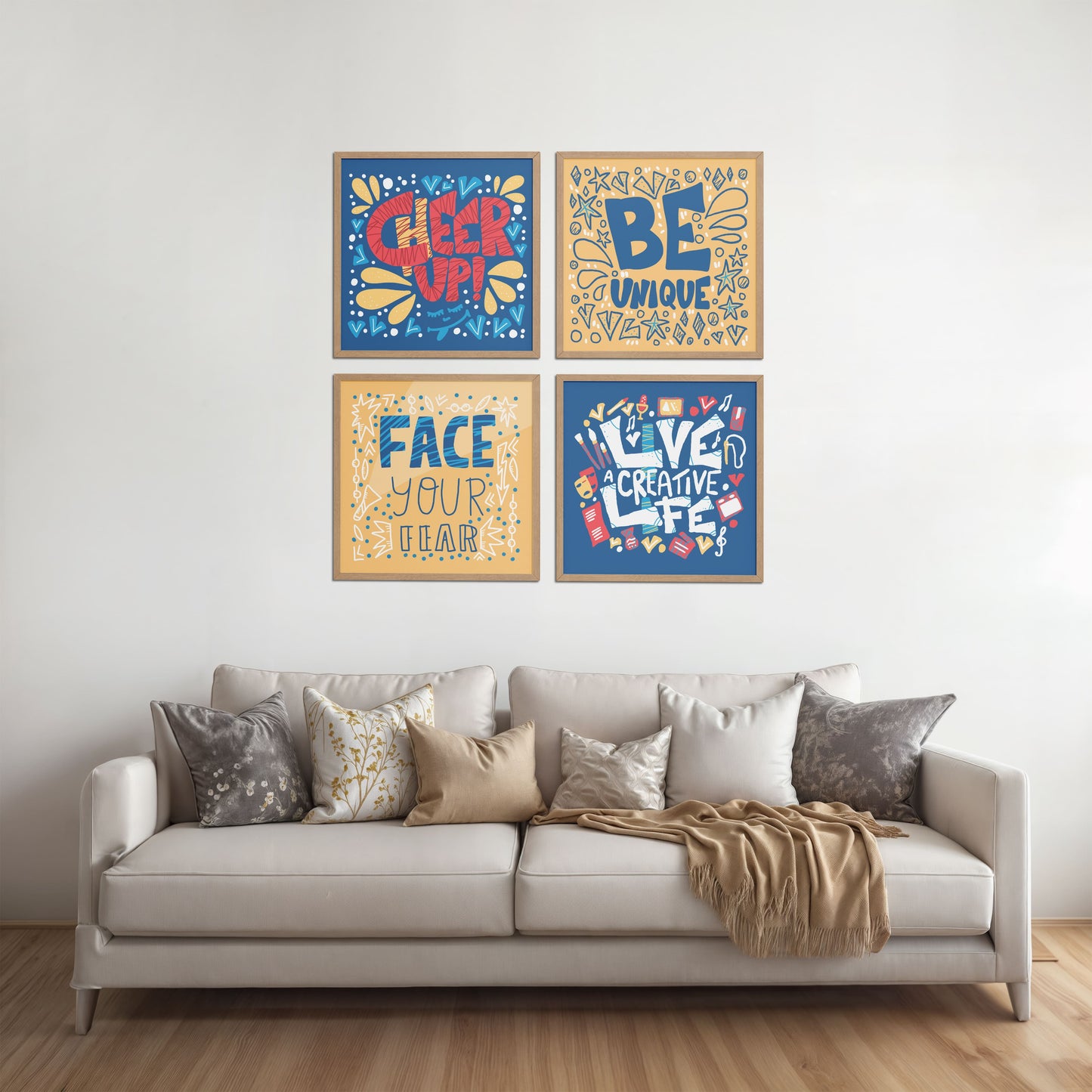 Living Room Sofa Preview of Live Bold – Motivational Wall Art Set of 4 Frames in Natrual Color Frame