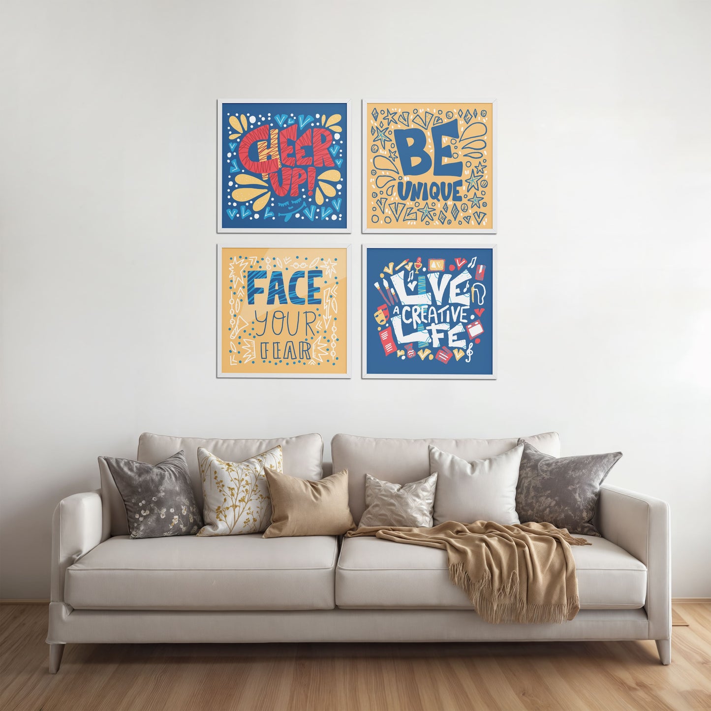 Living Room Sofa Preview of Live Bold – Motivational Wall Art Set of 4 Frames in White Color Frame