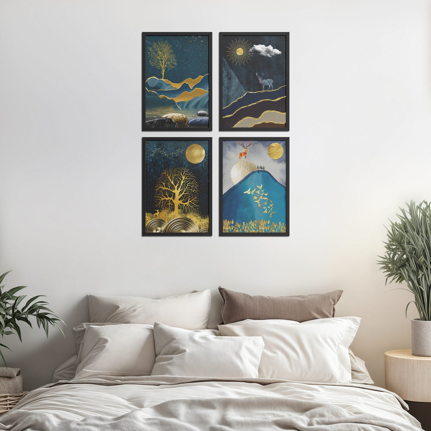 Bed Room Preview of Moonlit Majesty – Nature & Deer Art Decor Set of 4 in Black Color Frame