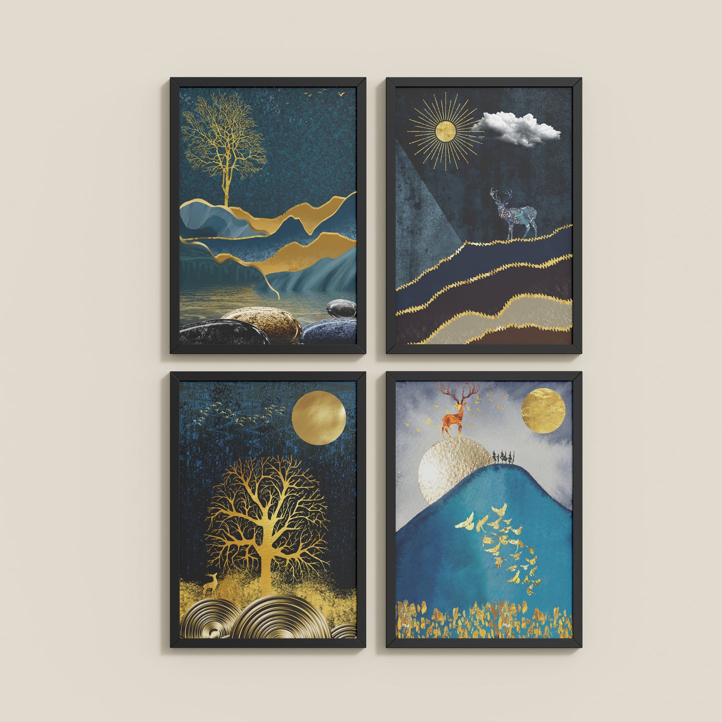 Wall View of Moonlit Majesty – Nature & Deer Art Decor Set of 4 in Black Color Frame