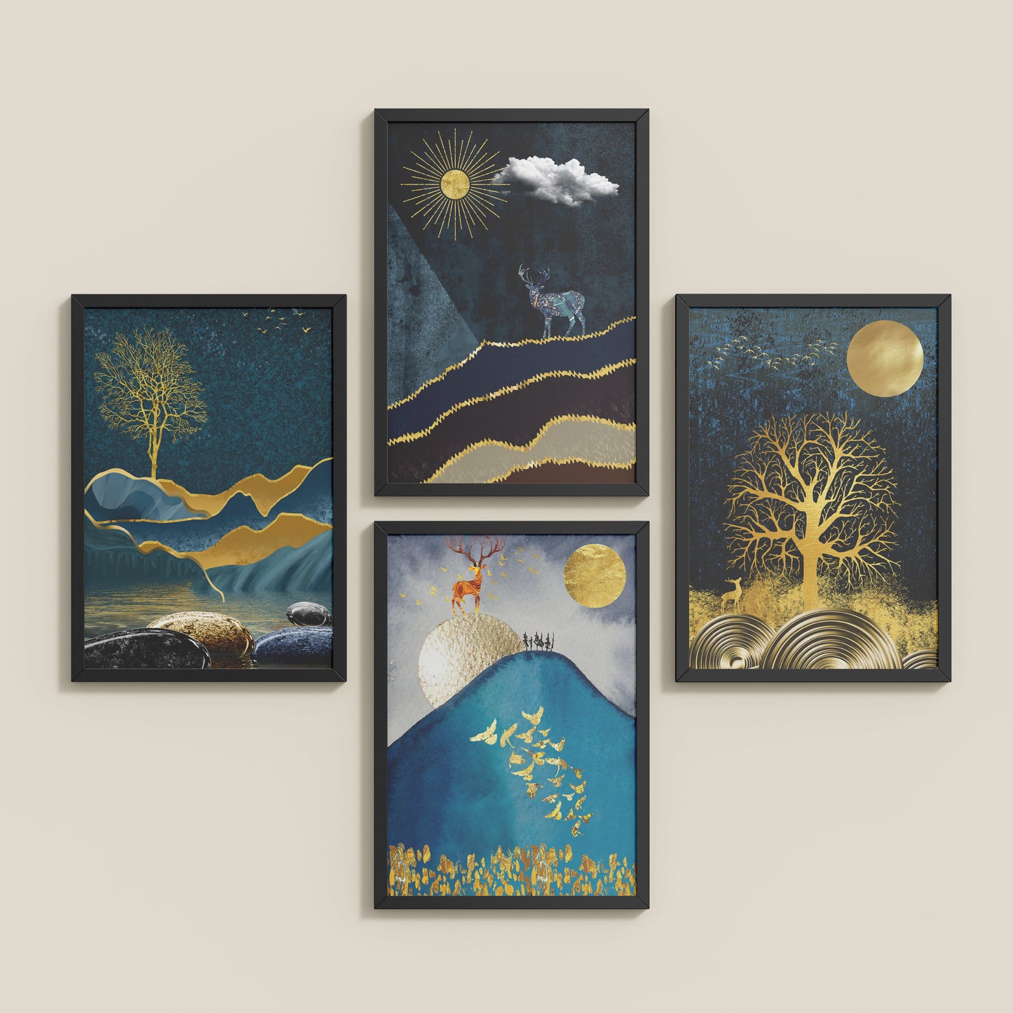 Inclined Floor View of Moonlit Majesty – Nature & Deer Art Decor Set of 4 in Black Color Frame