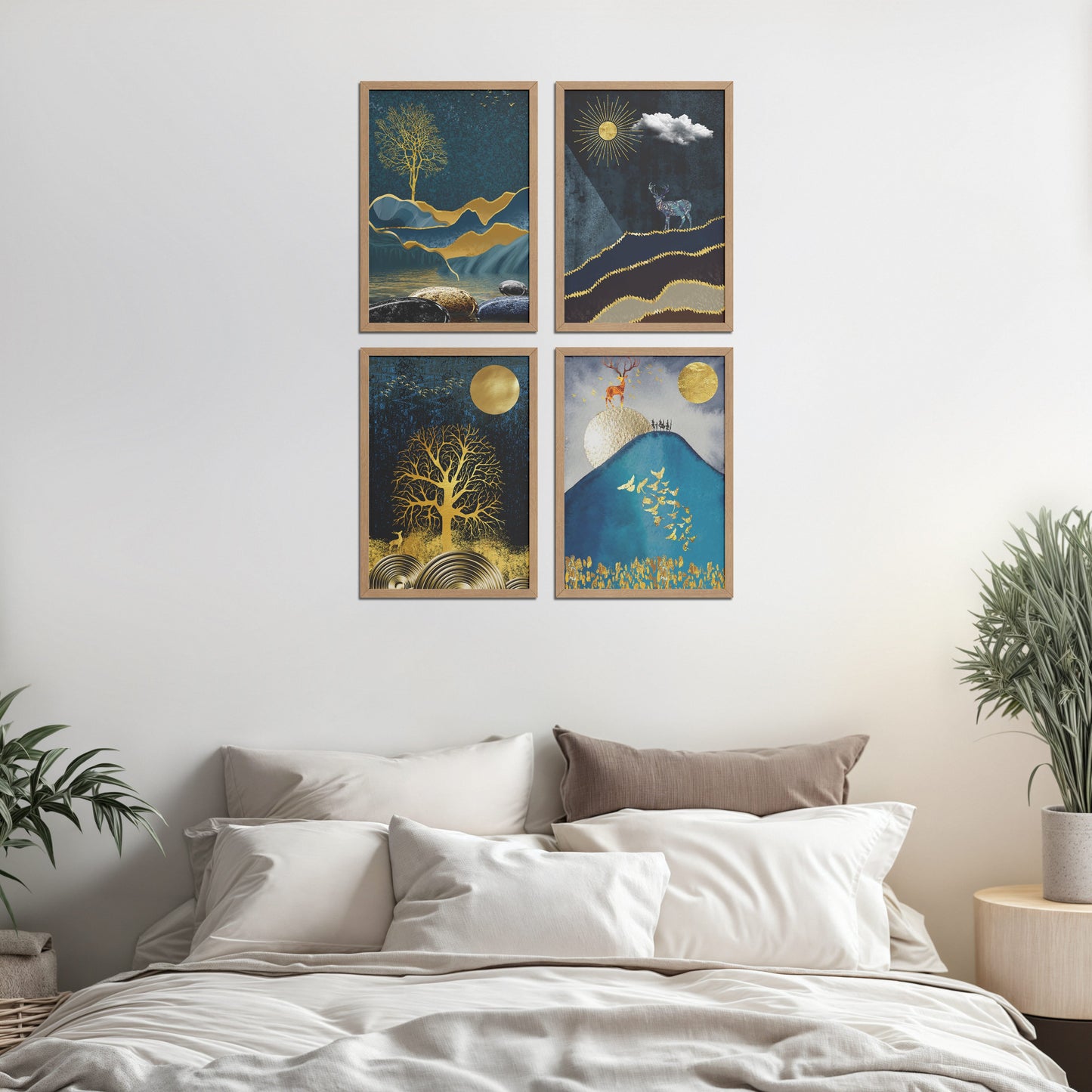 Bed Room Preview of Moonlit Majesty – Nature & Deer Art Decor Set of 4 in Natrual Color Frame