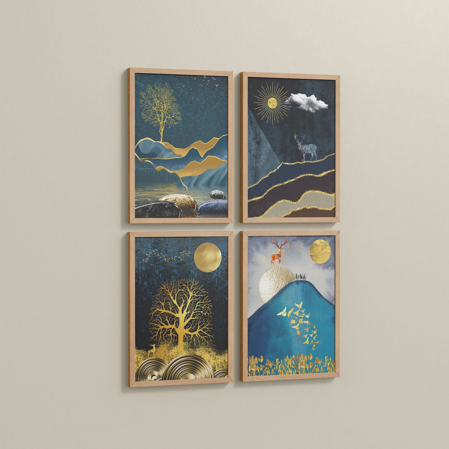 Side View of Moonlit Majesty – Nature & Deer Art Decor Set of 4 in Natrual Color Frame