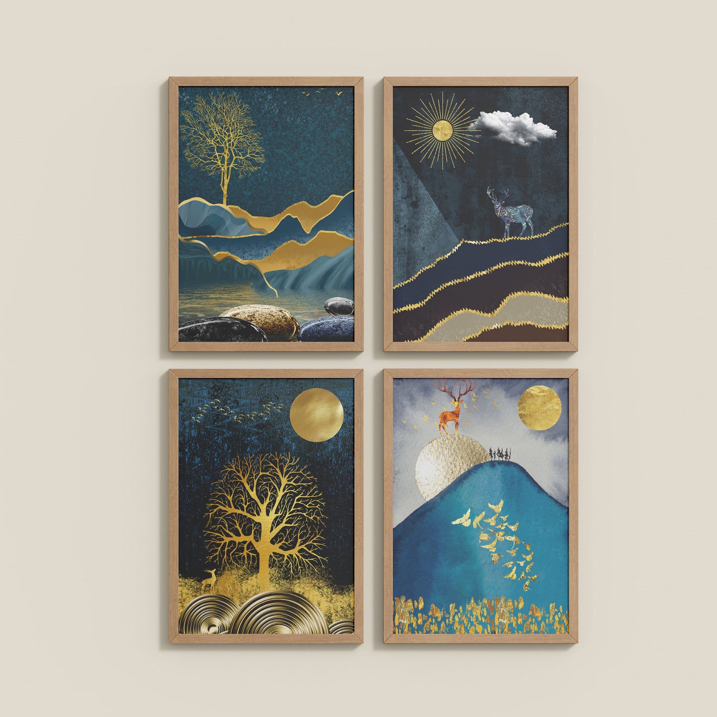 Wall View of Moonlit Majesty – Nature & Deer Art Decor Set of 4 in Natrual Color Frame