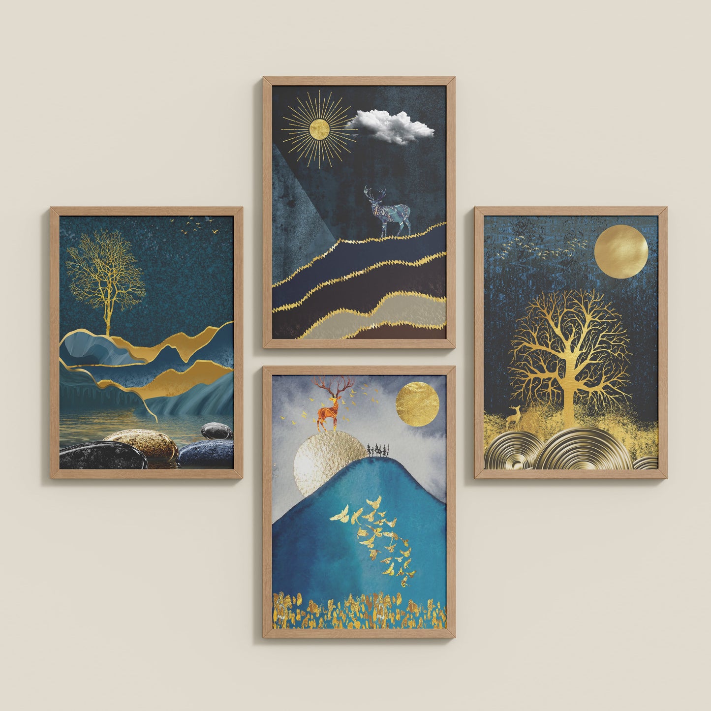 Inclined Floor View of Moonlit Majesty – Nature & Deer Art Decor Set of 4 in Natrual Color Frame